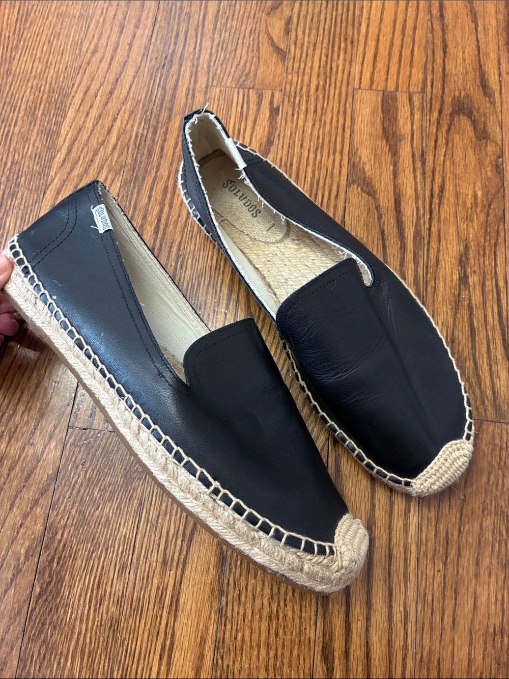 Soludos Black Leather Espadrille Slip-On Loafers with Natural Jute Trim size 10